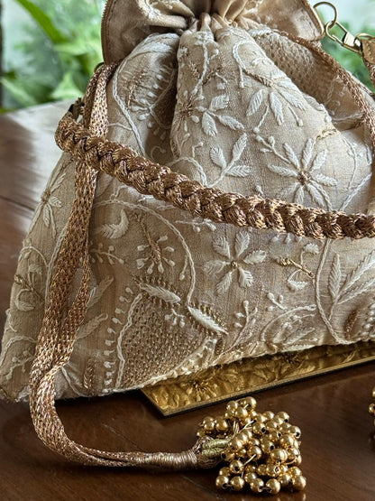 Natural Beige Shade Raw Silk Chikankari Polti Bag