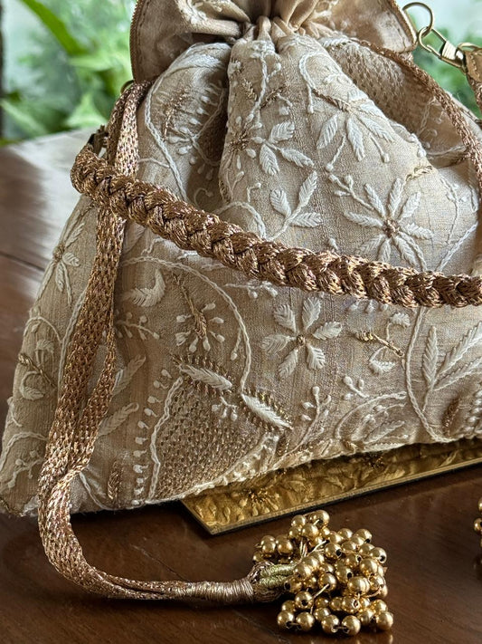 Natural Beige Shade Raw Silk Chikankari Polti Bag