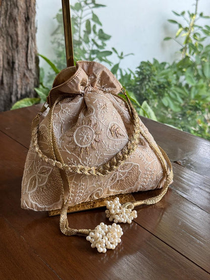 Natural Beige Shade Raw Silk Chikankari Polti Bag