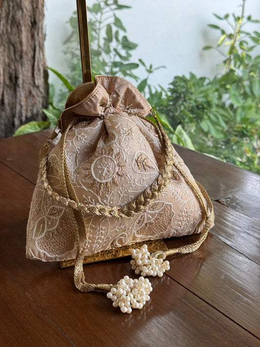 Natural Beige Shade Raw Silk Chikankari Polti Bag