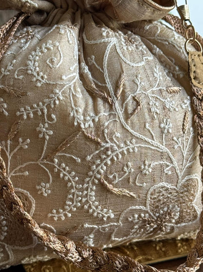Natural Beige Shade Raw Silk Chikankari Polti Bag