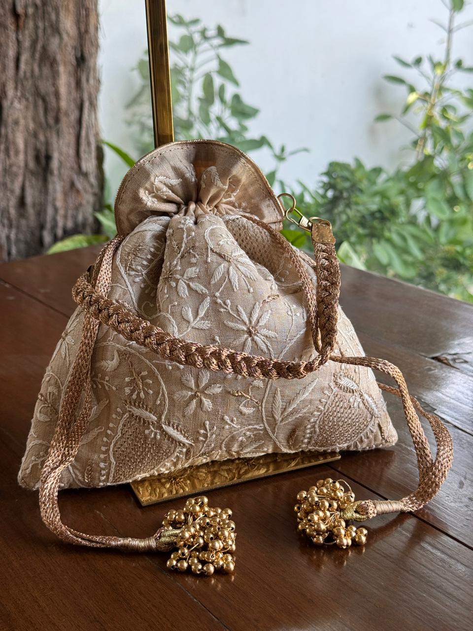 Natural Beige Shade Raw Silk Chikankari Polti Bag