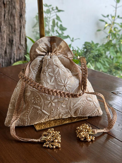Natural Beige Shade Raw Silk Chikankari Polti Bag