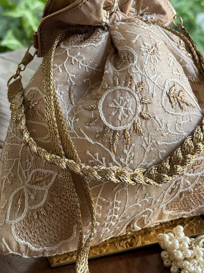 Natural Beige Shade Raw Silk Chikankari Polti Bag