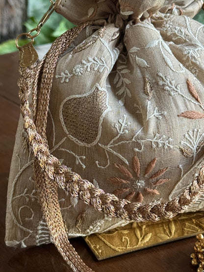 Natural Beige Shade Raw Silk Chikankari Polti Bag