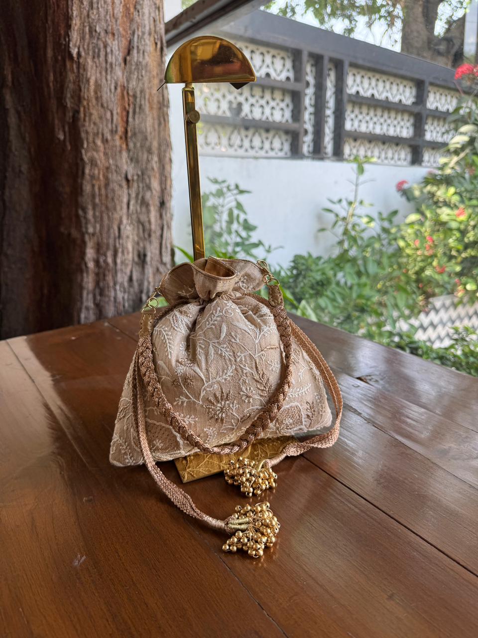 Natural Beige Shade Raw Silk Chikankari Polti Bag