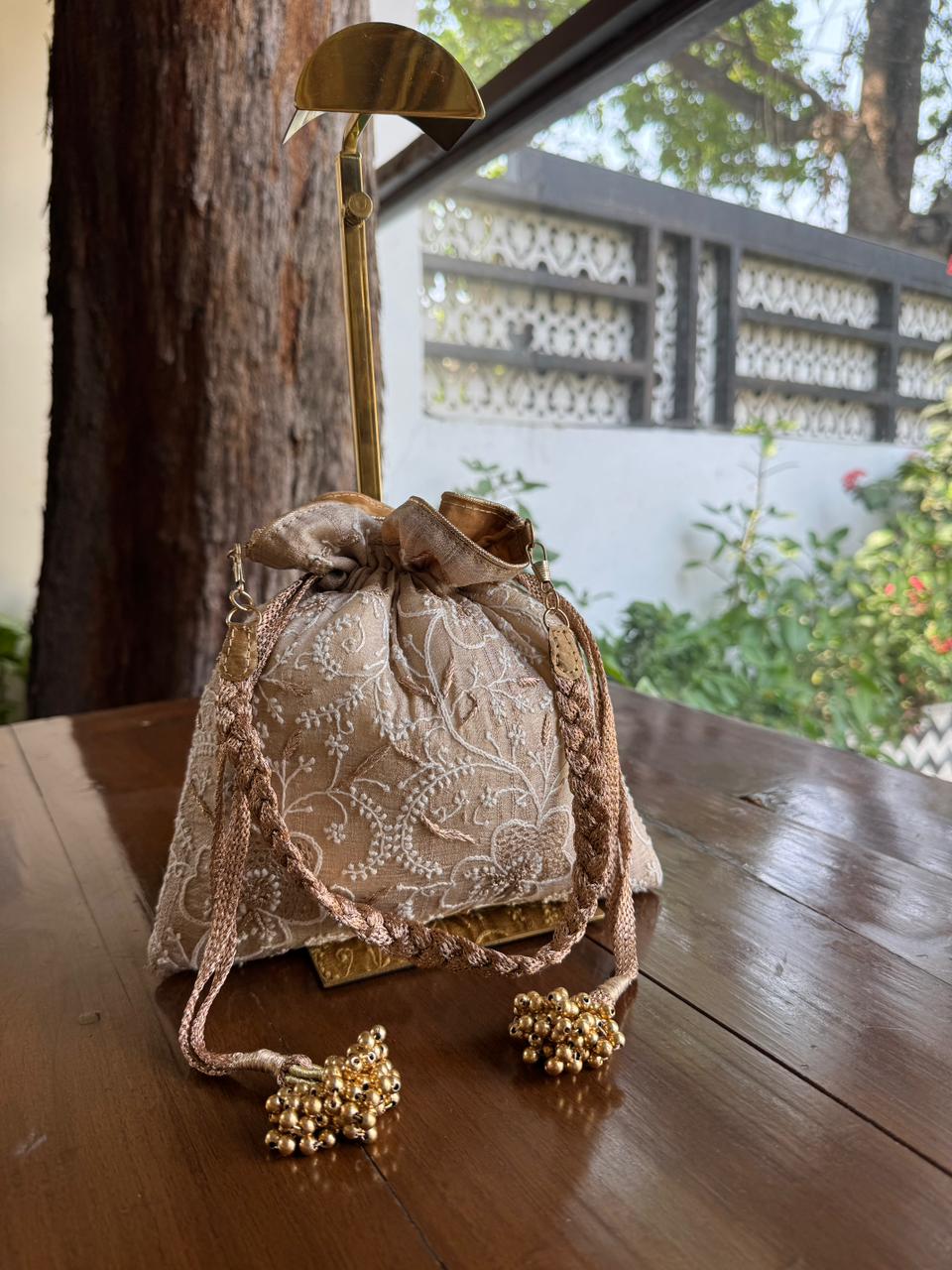Natural Beige Shade Raw Silk Chikankari Polti Bag