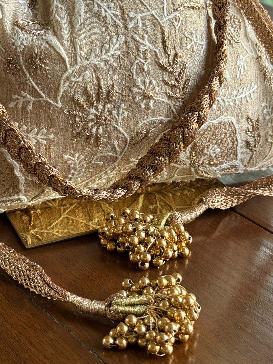 Natural Beige Shade Raw Silk Chikankari Polti Bag