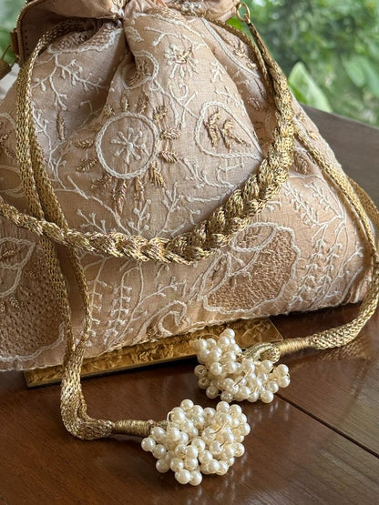 Natural Beige Shade Raw Silk Chikankari Polti Bag
