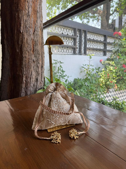 Natural Beige Shade Raw Silk Chikankari Polti Bag