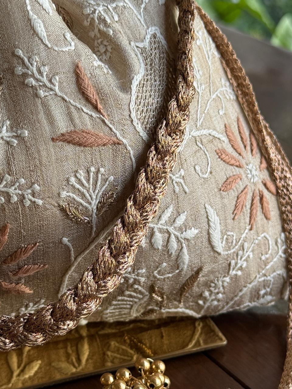 Natural Beige Shade Raw Silk Chikankari Polti Bag