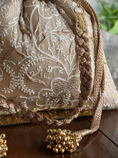Natural Beige Shade Raw Silk Chikankari Polti Bag