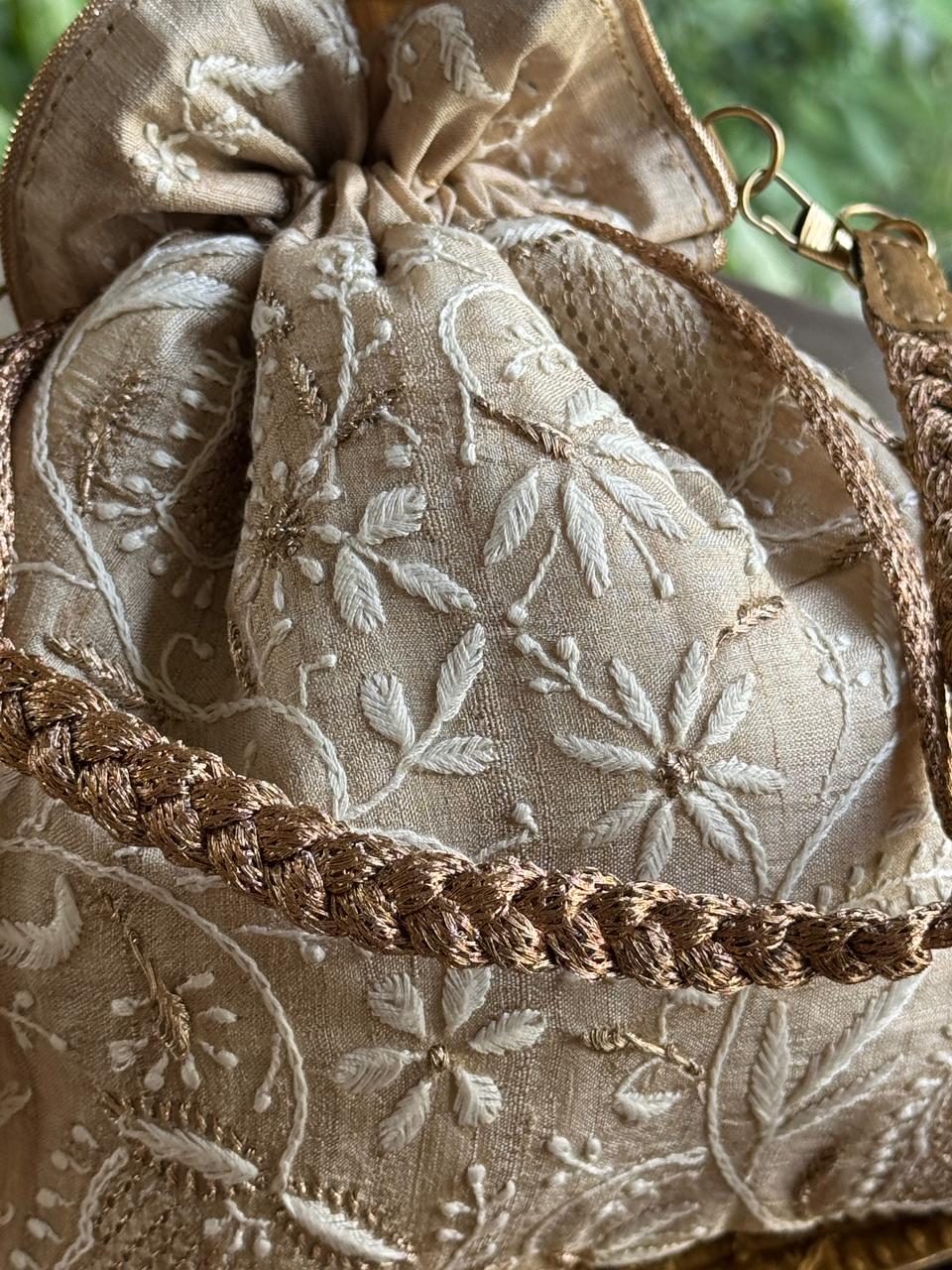 Natural Beige Shade Raw Silk Chikankari Polti Bag