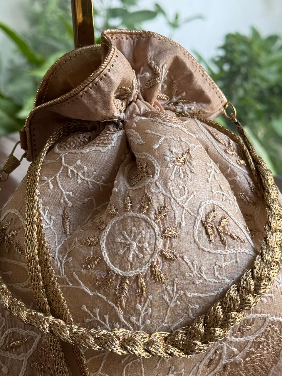 Natural Beige Shade Raw Silk Chikankari Polti Bag