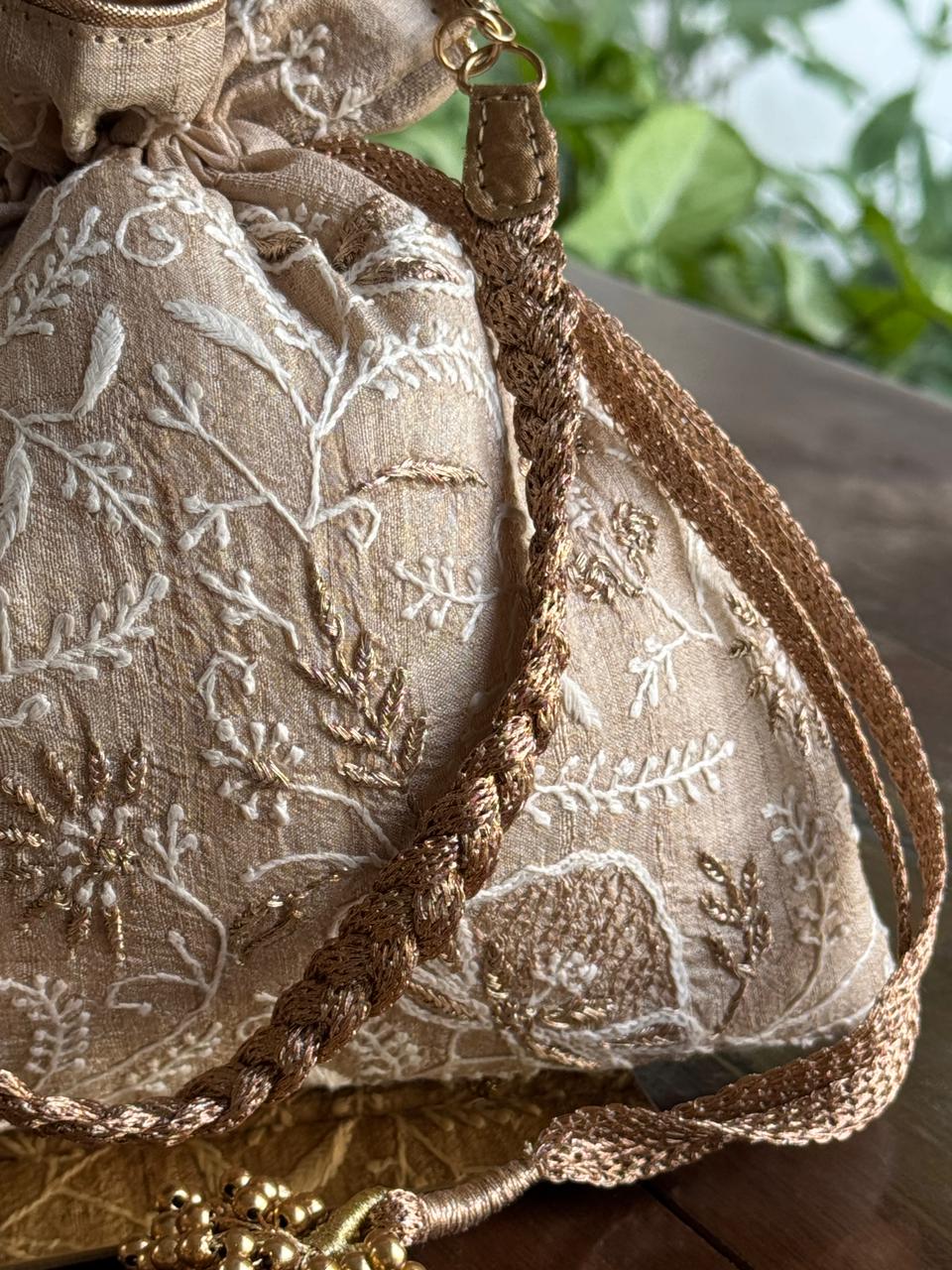 Natural Beige Shade Raw Silk Chikankari Polti Bag