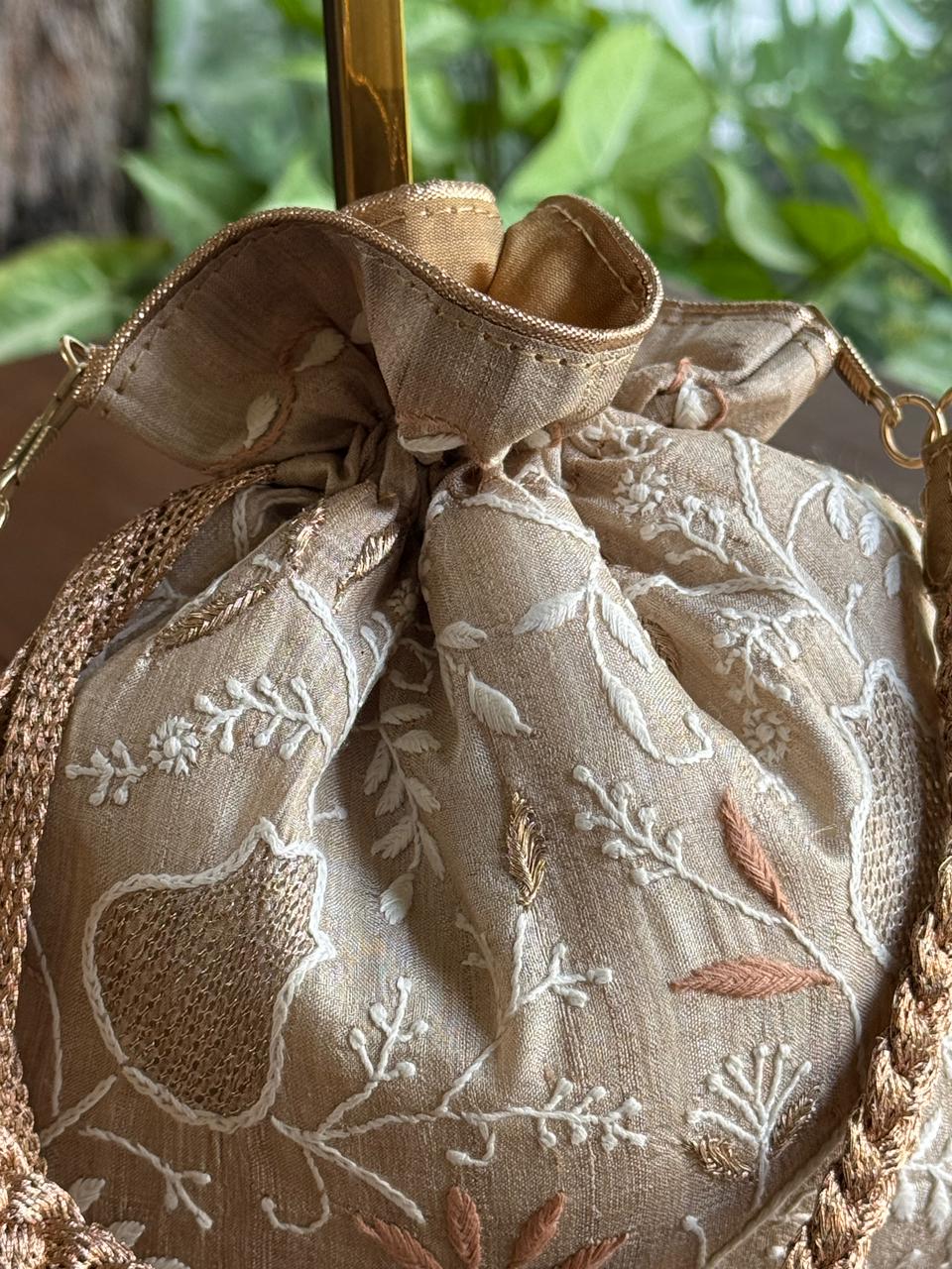 Natural Beige Shade Raw Silk Chikankari Polti Bag