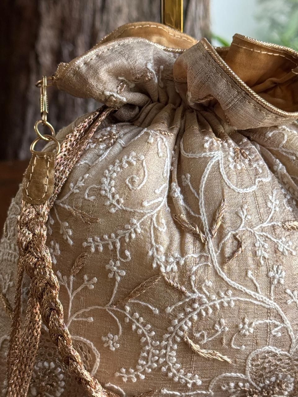 Natural Beige Shade Raw Silk Chikankari Polti Bag