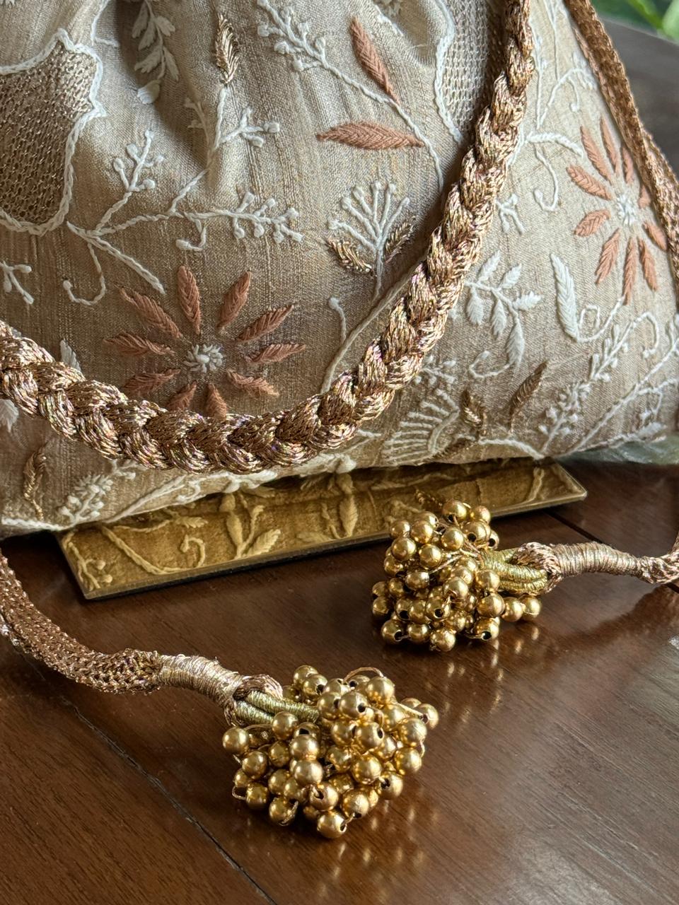 Natural Beige Shade Raw Silk Chikankari Polti Bag