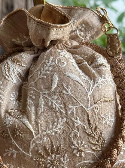 Natural Beige Shade Raw Silk Chikankari Polti Bag