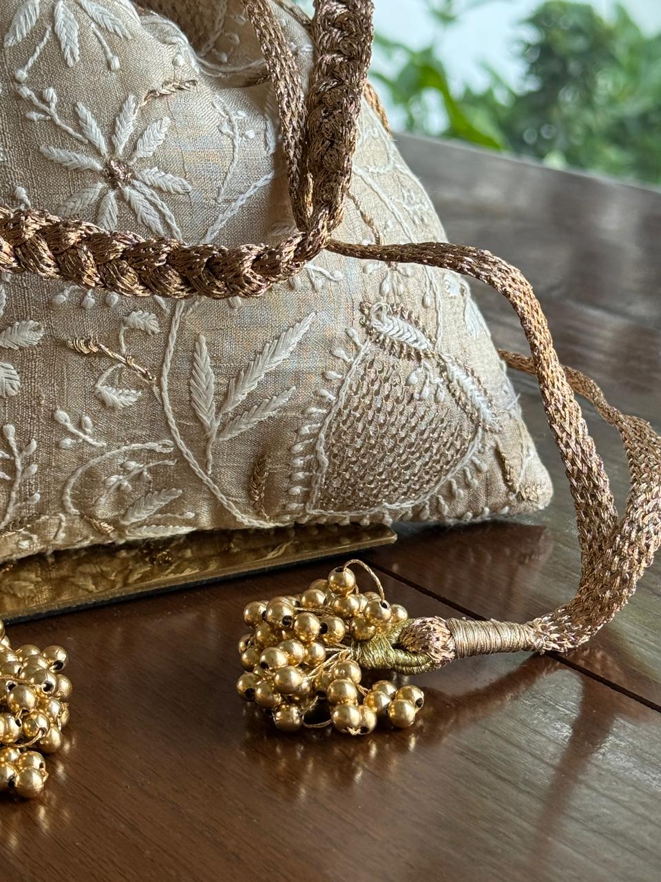 Natural Beige Shade Raw Silk Chikankari Polti Bag