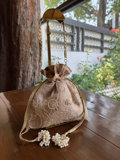 Natural Beige Shade Raw Silk Chikankari Polti Bag