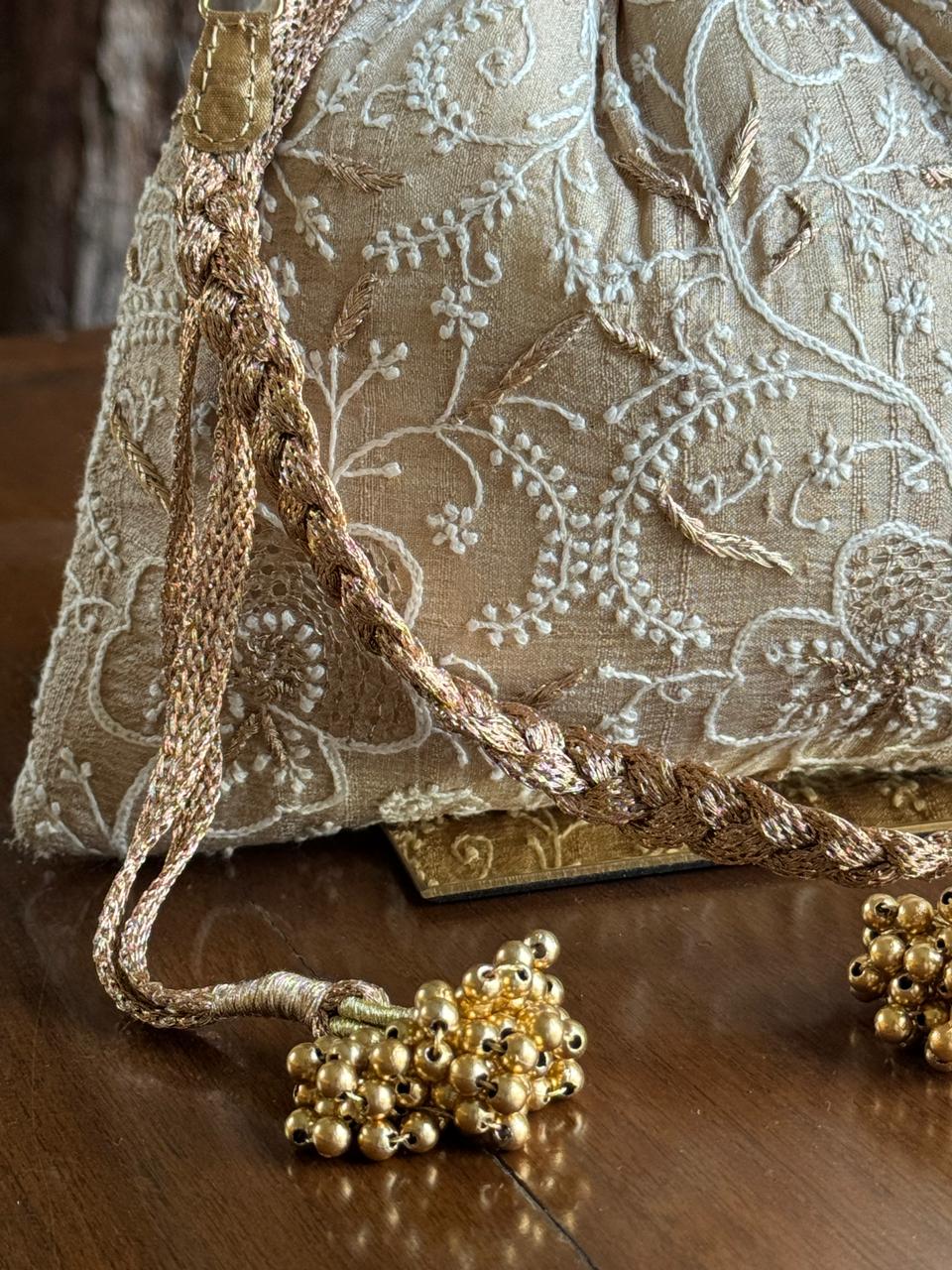 Natural Beige Shade Raw Silk Chikankari Polti Bag