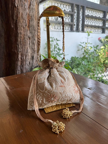 Natural Beige Shade Raw Silk Chikankari Polti Bag