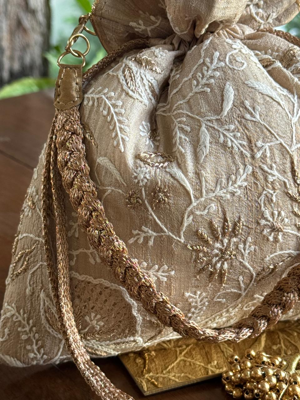 Natural Beige Shade Raw Silk Chikankari Polti Bag