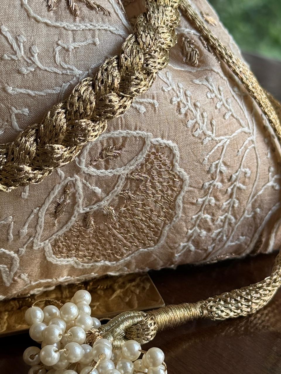 Natural Beige Shade Raw Silk Chikankari Polti Bag