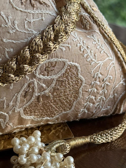 Natural Beige Shade Raw Silk Chikankari Polti Bag
