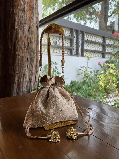 Natural Beige Shade Raw Silk Chikankari Polti Bag
