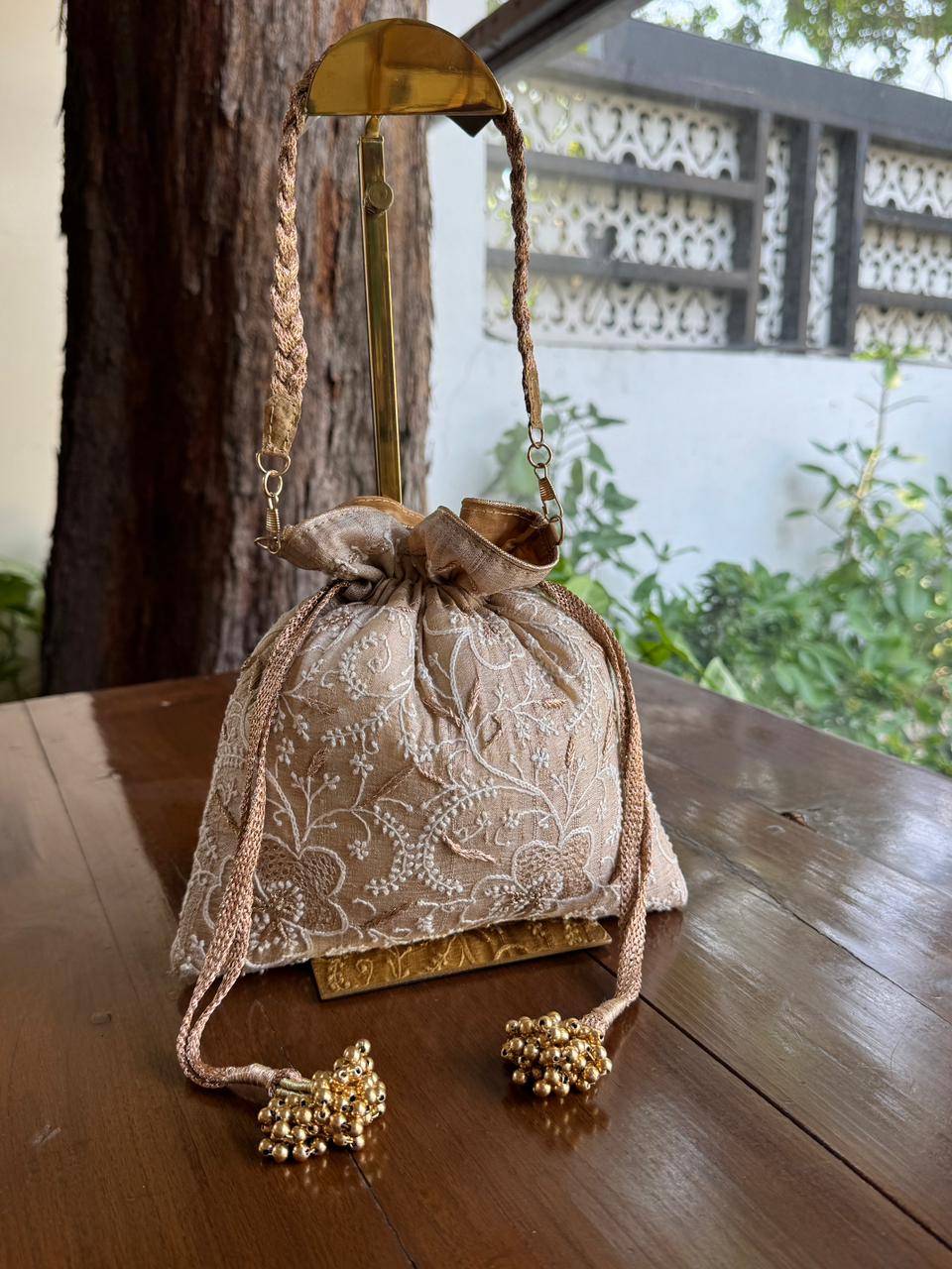Natural Beige Shade Raw Silk Chikankari Polti Bag