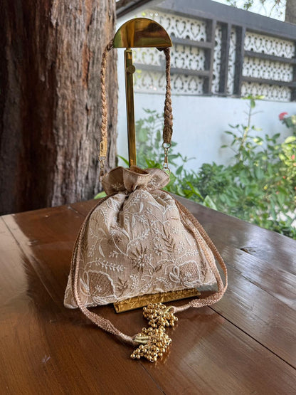 Natural Beige Shade Raw Silk Chikankari Polti Bag