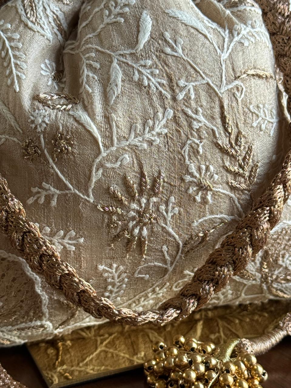 Natural Beige Shade Raw Silk Chikankari Polti Bag