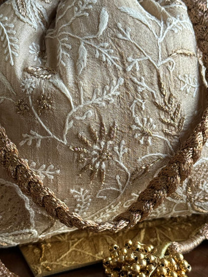 Natural Beige Shade Raw Silk Chikankari Polti Bag