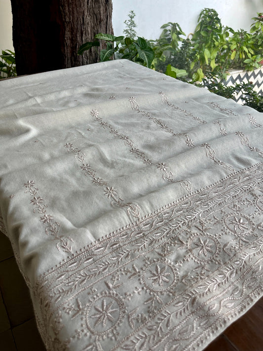 Natural Beige Shade Saman Pashmina Resham Thread Chikankari Shawls