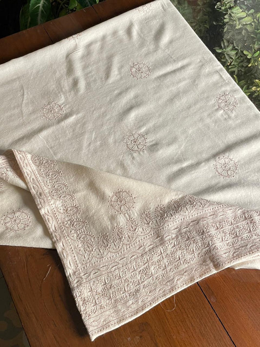 Natural Beige Shade Saman Pashmina Resham Thread Fine Chikankari Shawl