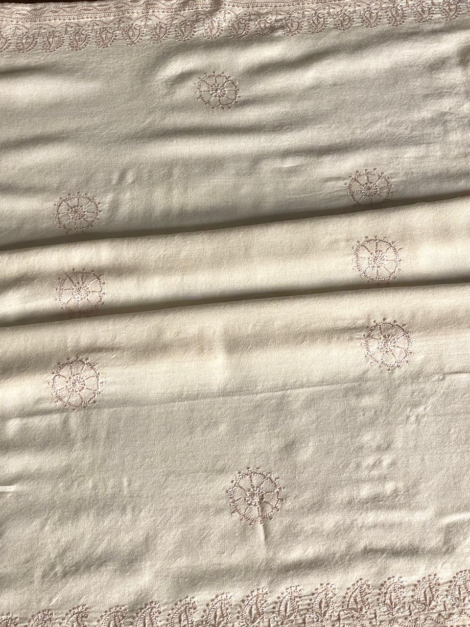 Natural Beige Shade Saman Pashmina Resham Thread Fine Chikankari Shawl