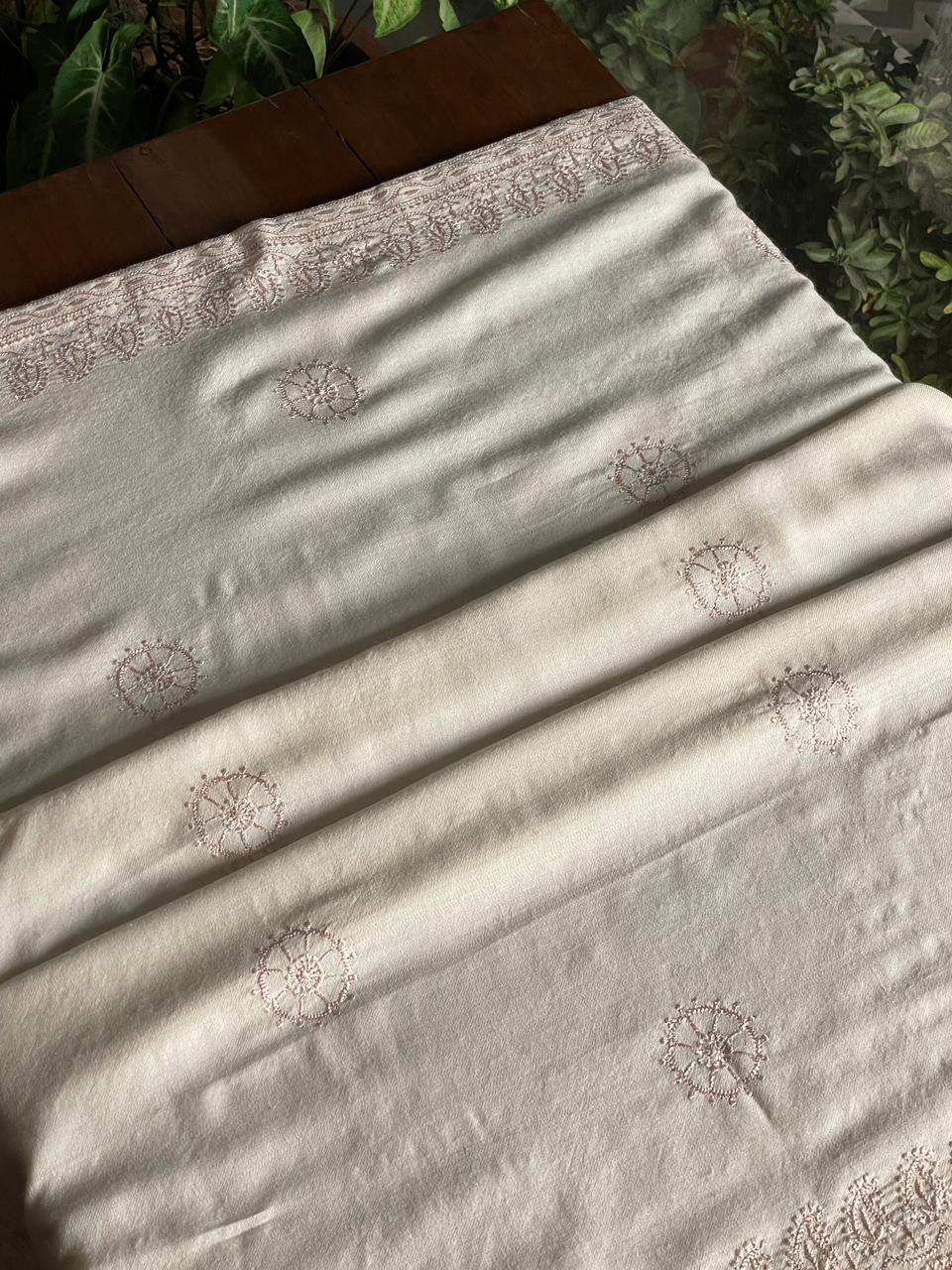 Natural Beige Shade Saman Pashmina Resham Thread Fine Chikankari Shawl