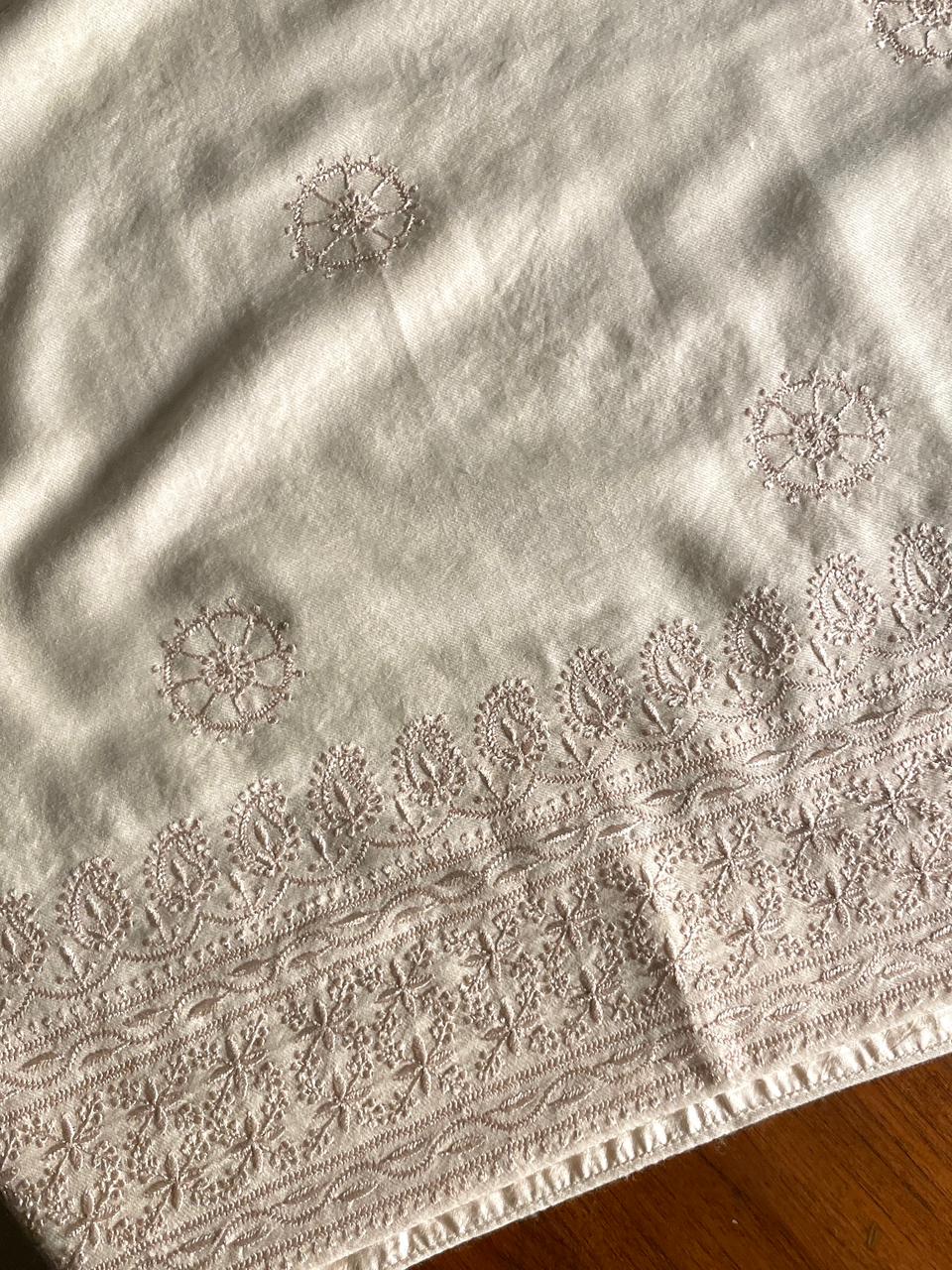 Natural Beige Shade Saman Pashmina Resham Thread Fine Chikankari Shawl