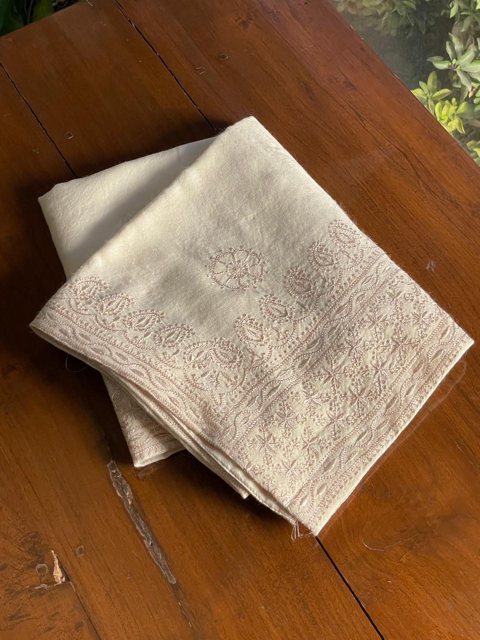 Natural Beige Shade Saman Pashmina Resham Thread Fine Chikankari Shawl