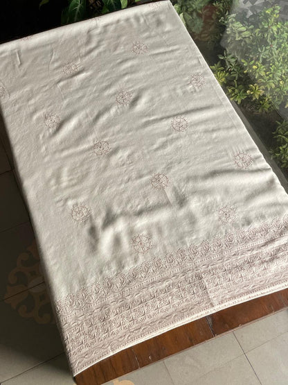 Natural Beige Shade Saman Pashmina Resham Thread Fine Chikankari Shawl