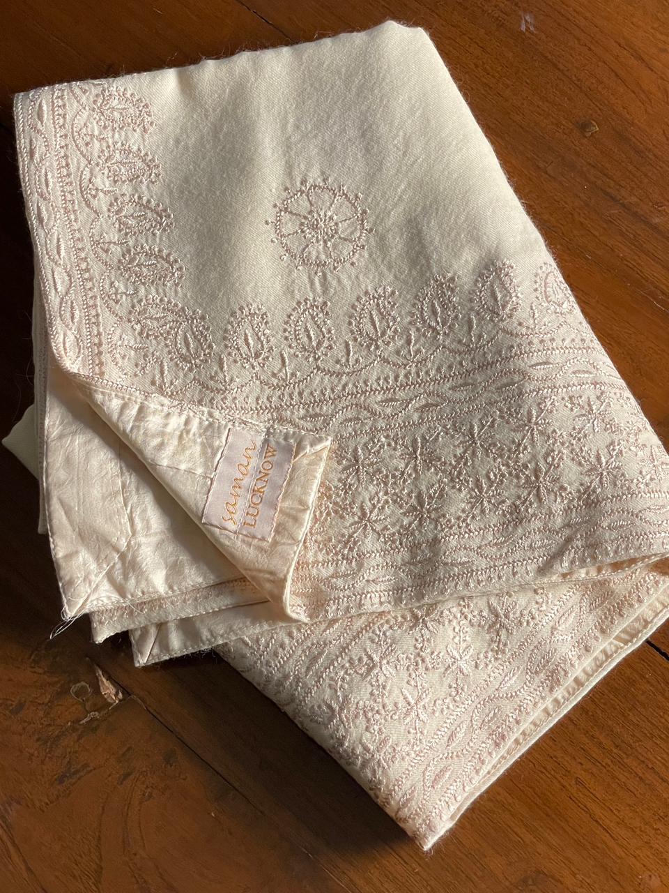Natural Beige Shade Saman Pashmina Resham Thread Fine Chikankari Shawl