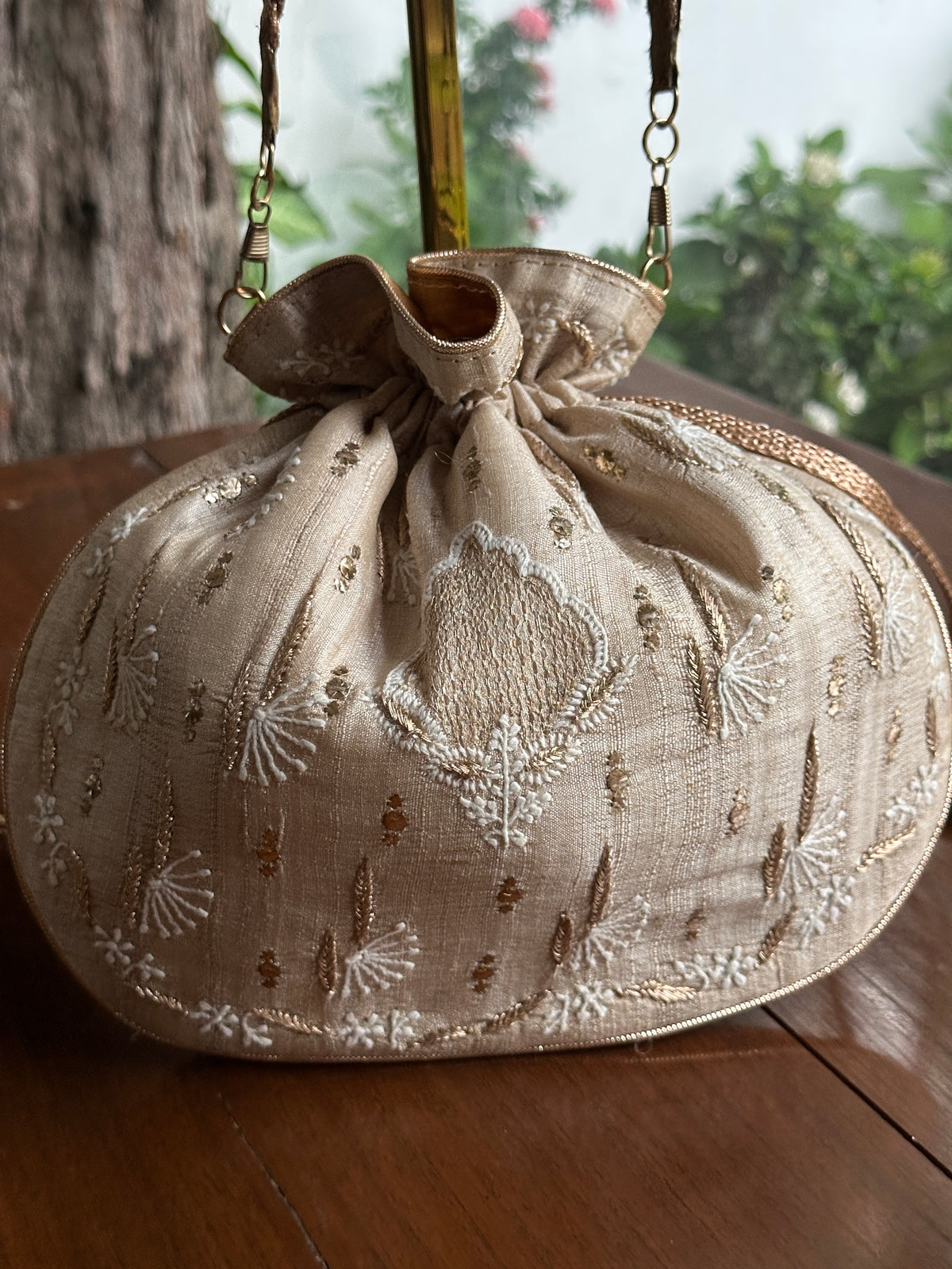 Natural Beige Silk Chikankari Ari & Kasab Work Potli Bag