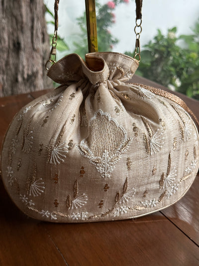 Natural Beige Silk Chikankari Ari & Kasab Work Potli Bag