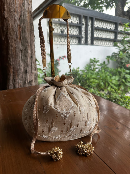 Natural Beige Silk Chikankari Ari & Kasab Work Potli Bag