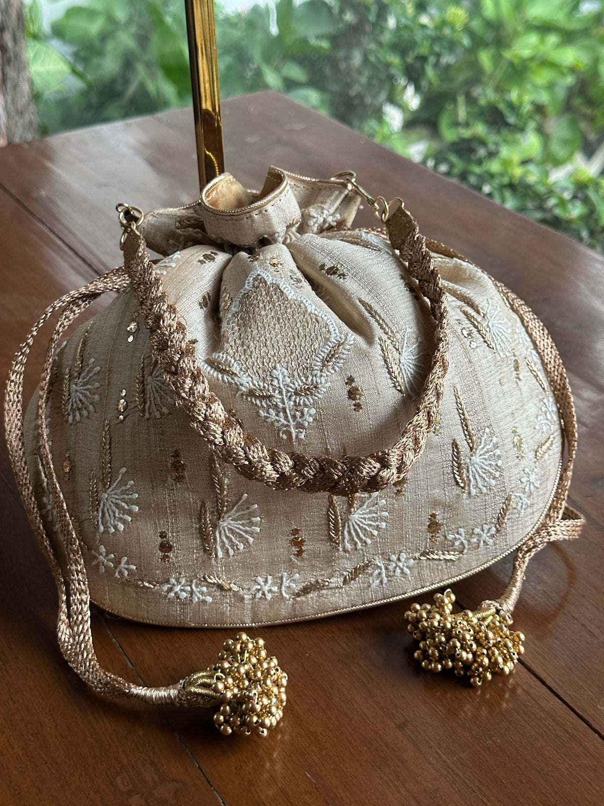 Natural Beige Silk Chikankari Ari & Kasab Work Potli Bag