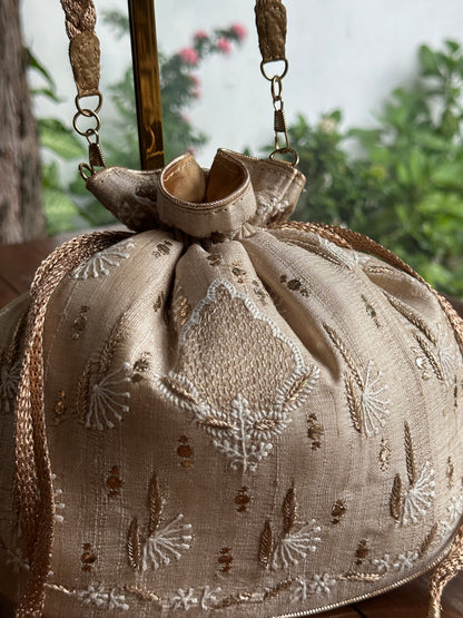 Natural Beige Silk Chikankari Ari & Kasab Work Potli Bag