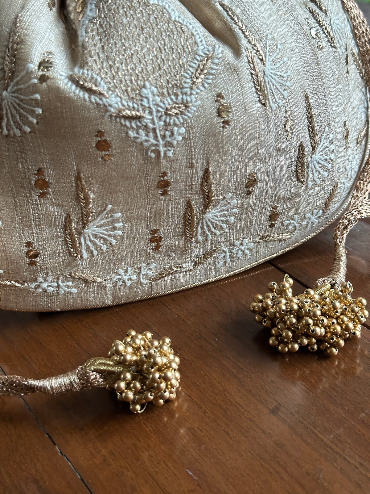 Natural Beige Silk Chikankari Ari & Kasab Work Potli Bag