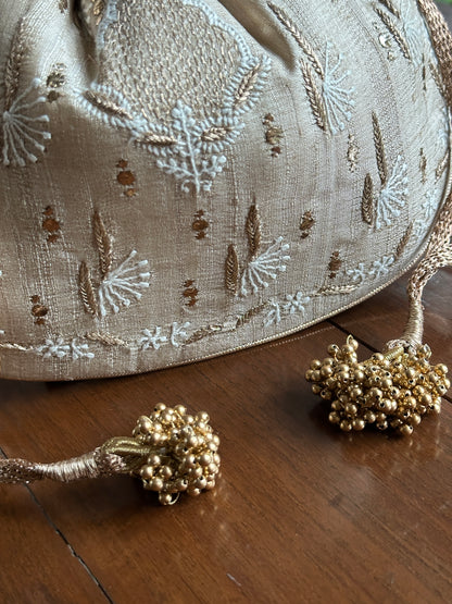 Natural Beige Silk Chikankari Ari & Kasab Work Potli Bag